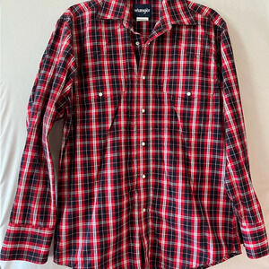 Wrangler Men’s‎ Long Sleeve Pearl Button Navy Blue and Red Plaid Shirt Size Med